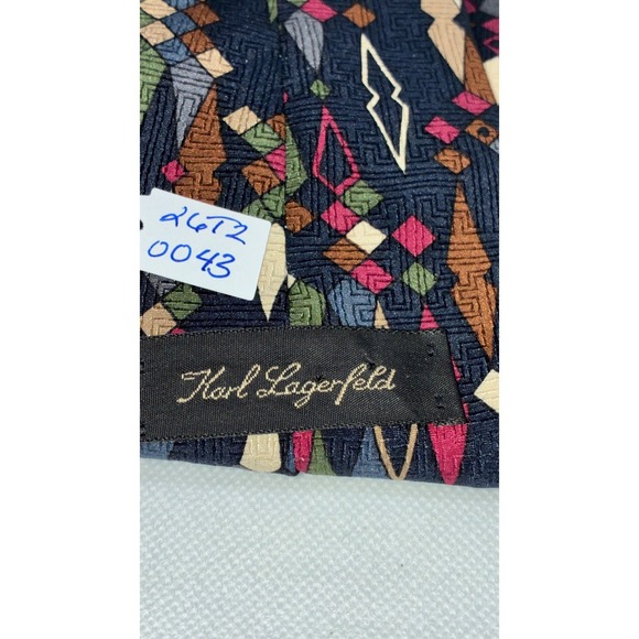 Karl Lagerfeld Mens Silk Tie Blue Pink Geometric Abstract Jacquard Wide Necktie - Picture 9 of 9